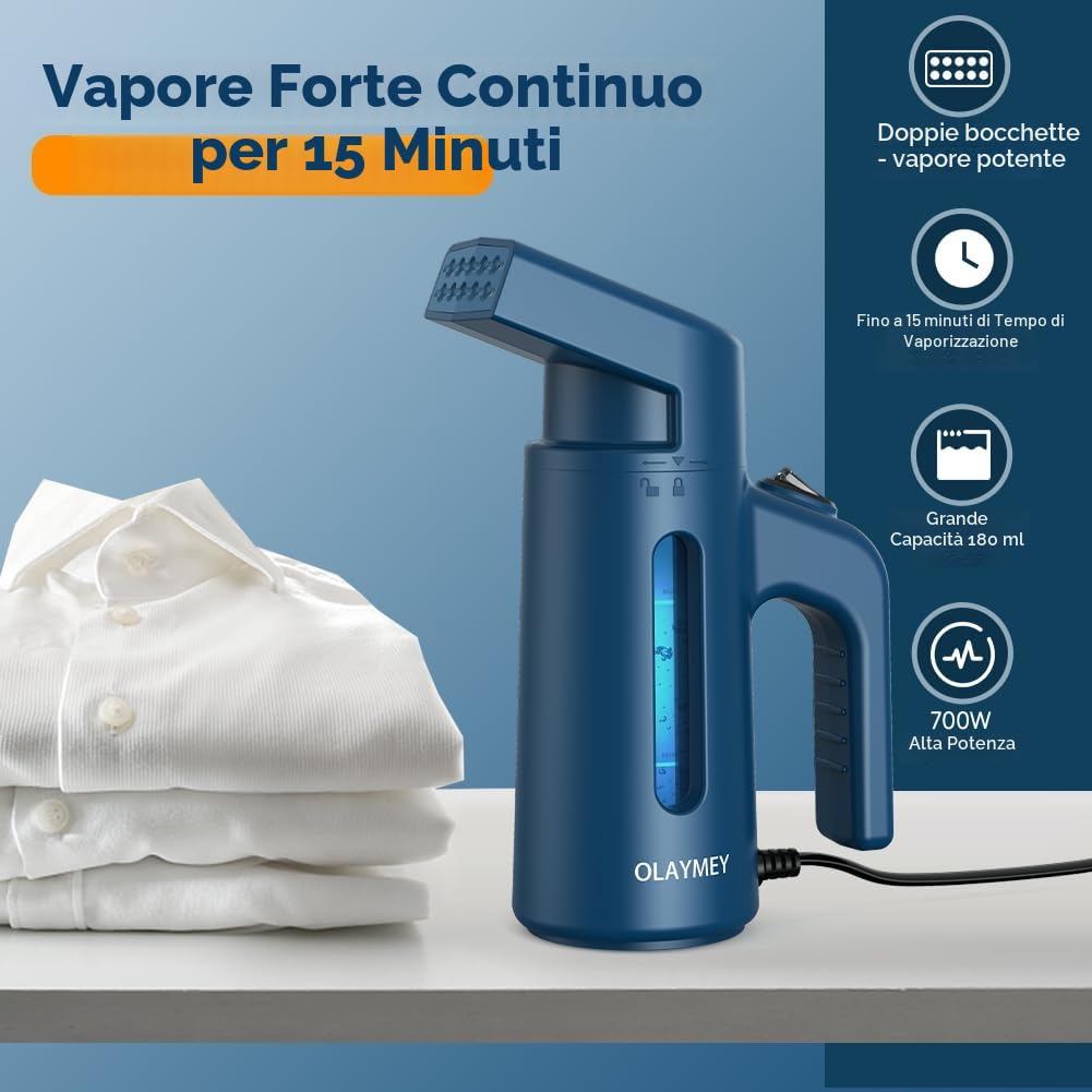 OLAYMEY Ferro da Stiro Verticale da Viaggio, Ferro da Stiro a Vapore con Caldaia, con Borsa con Coulisse, 700W Portatile Stiratore Verticale 180ML Blu Stirella Verticale per Casa, Affari