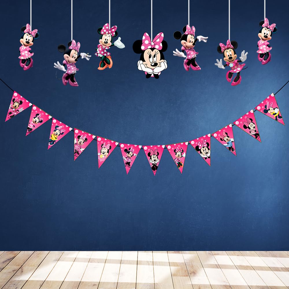 Dekor Spree Minnie Mouse Theme Dangler & Bunting Flag - 19-Pc Set for Birthday Decoration - Perfect for Girls, Boys, and Kids | Birthday Party Décor Accessories