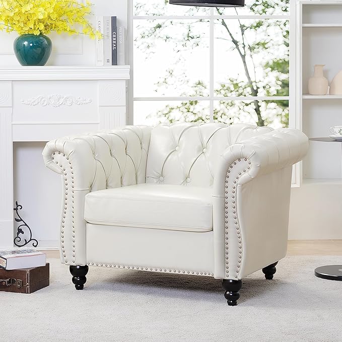 Image of WOODEN WORLD Modern & Classic Leather Sofa Set - Luxurious Comfort, Stylish Design, and Durable Build (White, 1 Seater)