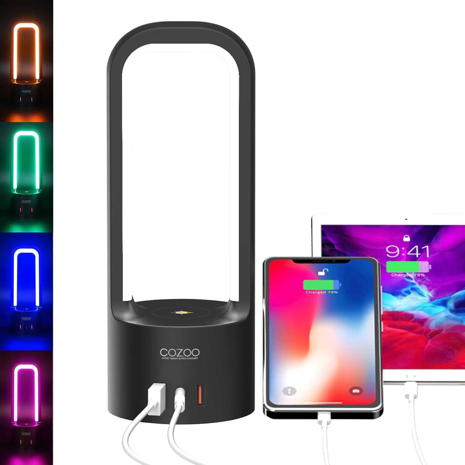 COZOO Luz nocturna RGB, lámpara táctil de mesita de noche con 2 puertos de carga USB y 1 puerto tipo C, luz LED RGB regulable de 3 vías, lámpara USB pequeña inteligente para dormitorio, sala de estar