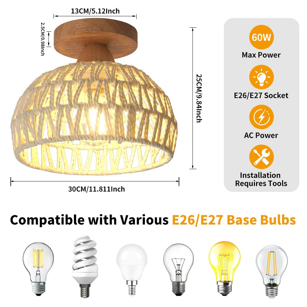 Lampa sufitowa rattanowa, E27, z naturalnym rattanowym kloszem, dekoracja domu, lampa sufitowa w stylu vintage, do sypialni, korytarza, foyera, restauracji, beżowa (bez żarówek)