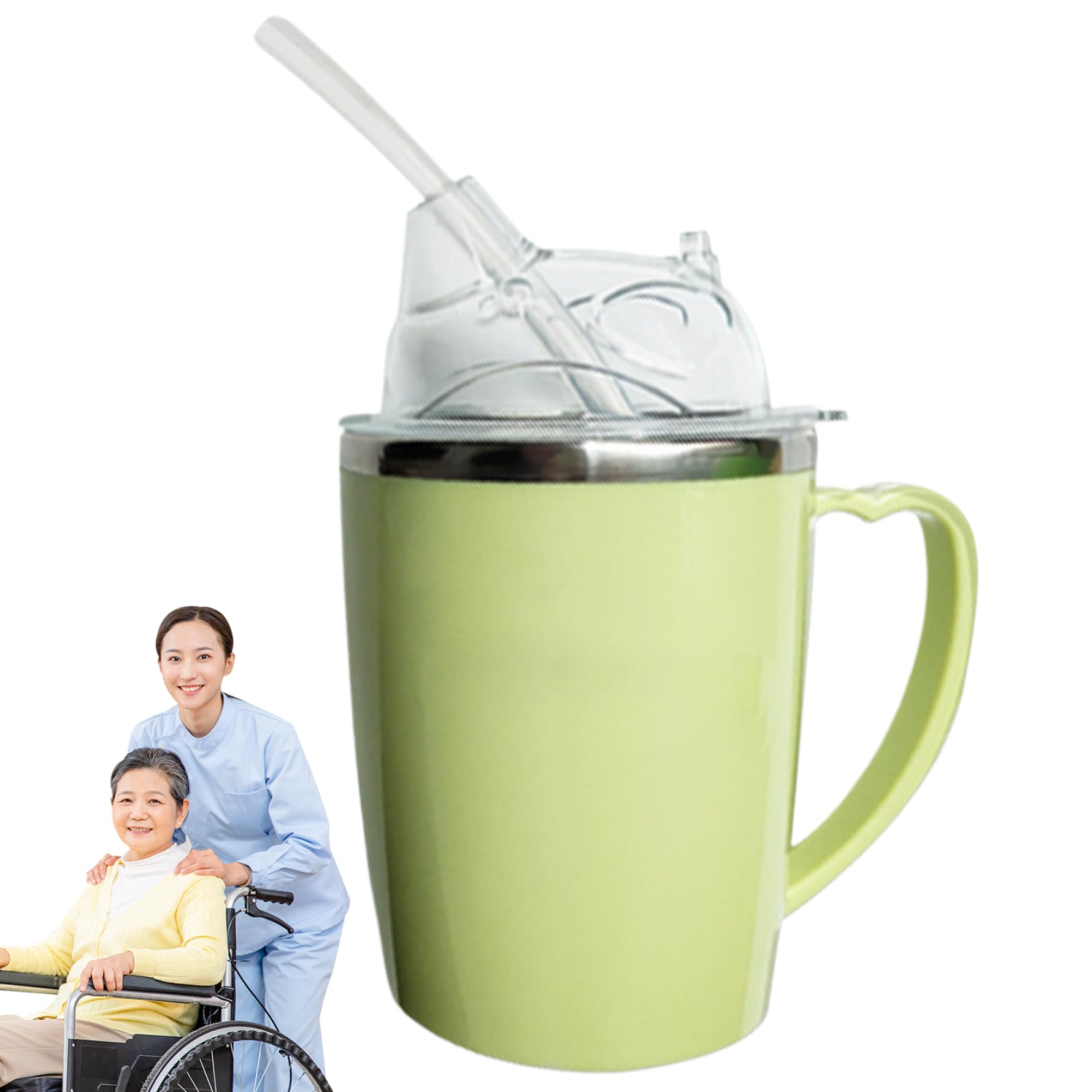 Vaso para adultos con pajita, vaso de acero inoxidable con asa para disfagia a prueba de derrames para ancianos y pacientes discapacitados
