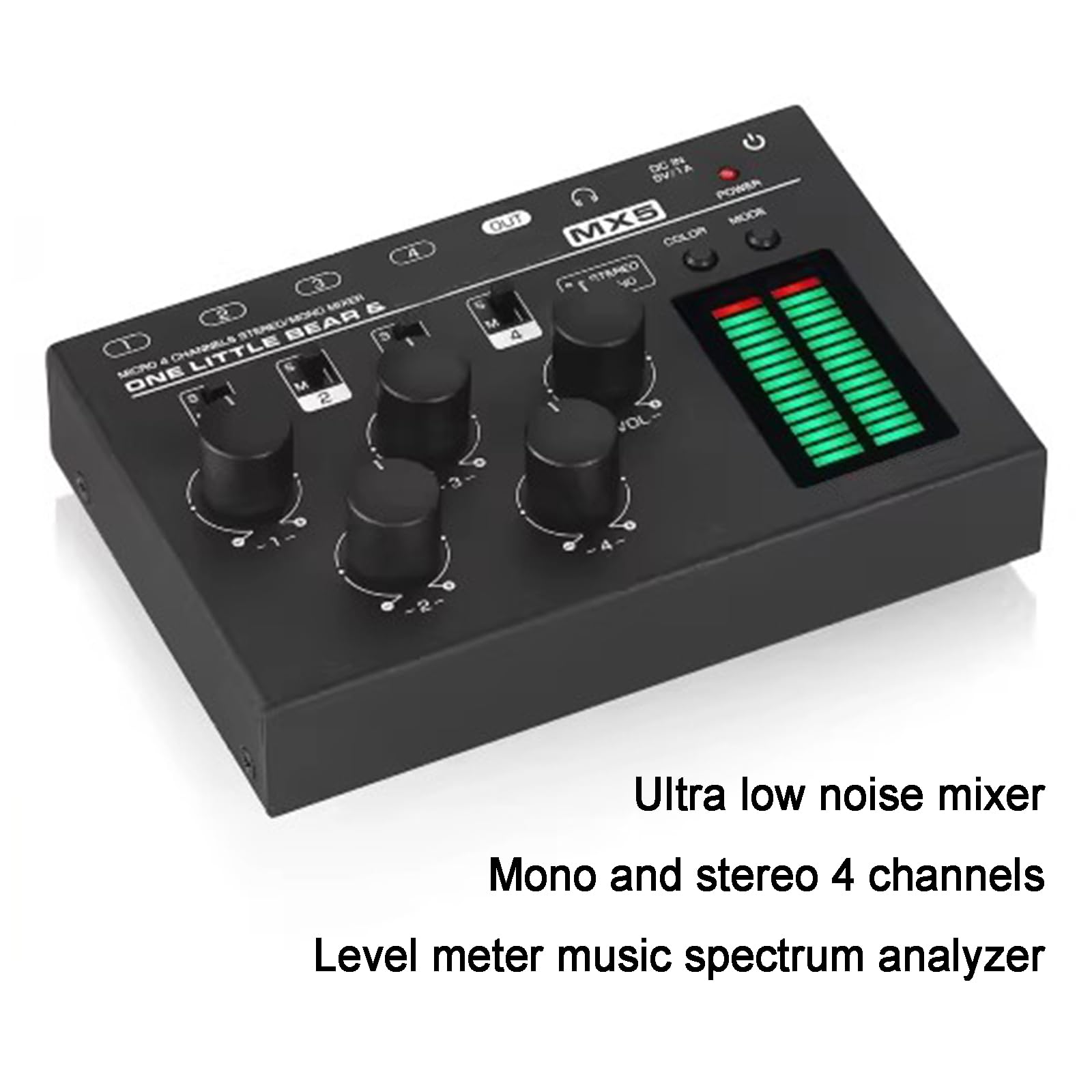 4-kanałowy mikser audio, mikser mono i stereo, z miernikiem poziomu LED - regulowany kolor i wzmocnienie, gniazdo słuchawkowe 3,5 mm, ultra niski poziom hałasu