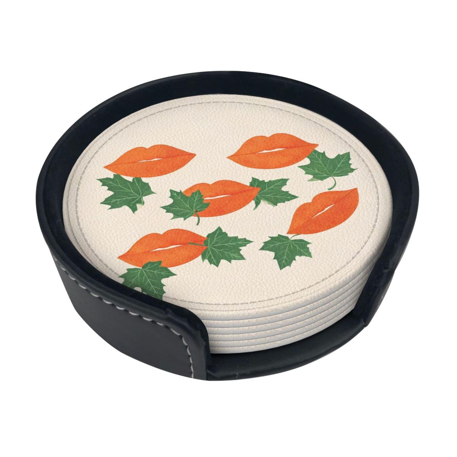 Lip Leaf Leather Coasters-Set of 6 with Storage Holder