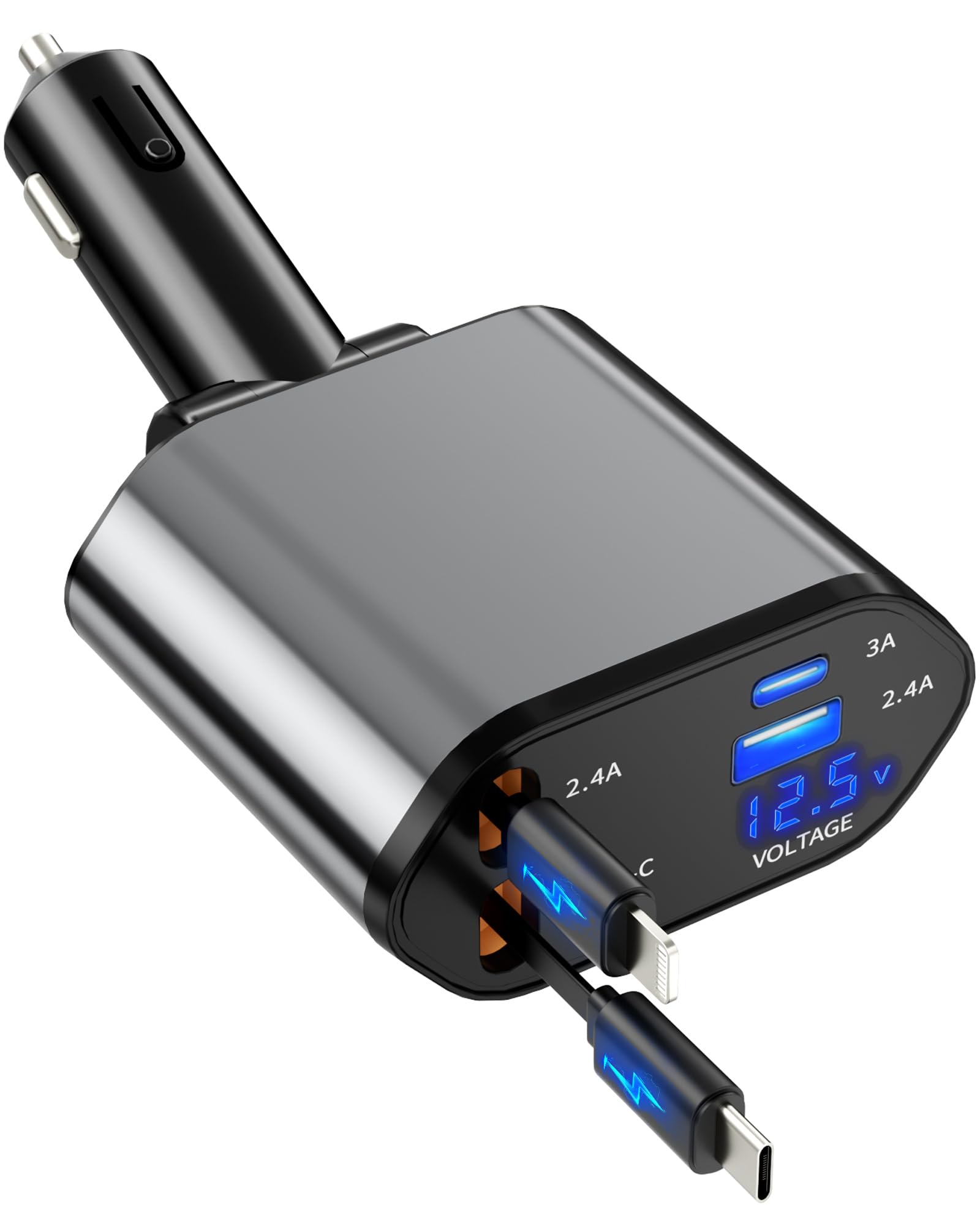 Retractable Car Charger, 4 in 1 Fast Charging Car Charger USB-C & USB-A Compatible with iPhone 16/15/14/13/12/11/X,Galaxy,Pixel