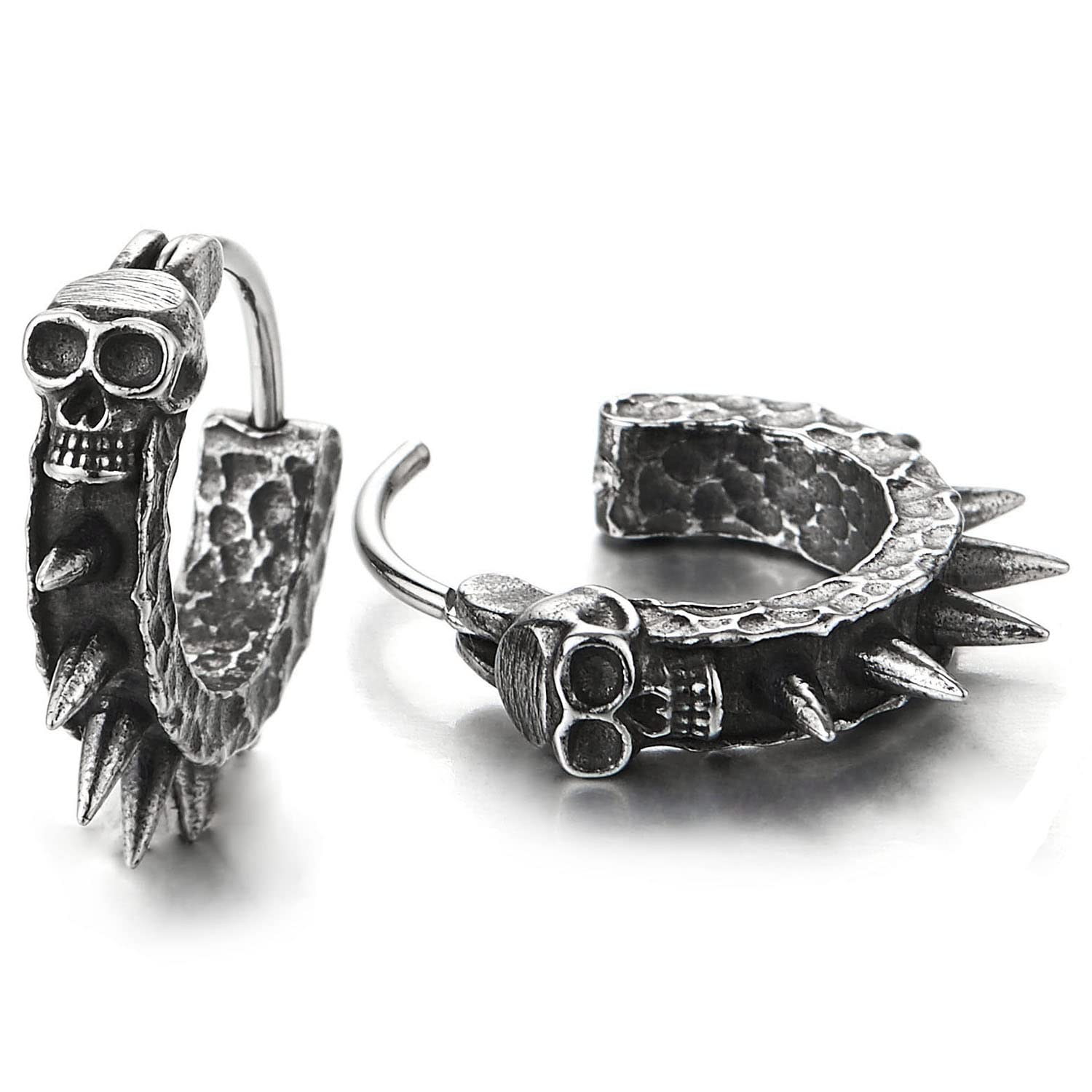 Aretes de aro de acero inoxidable con forma de calavera y forma de aro con bisagras, para hombres y mujeres, 1 par, Acero inoxidable