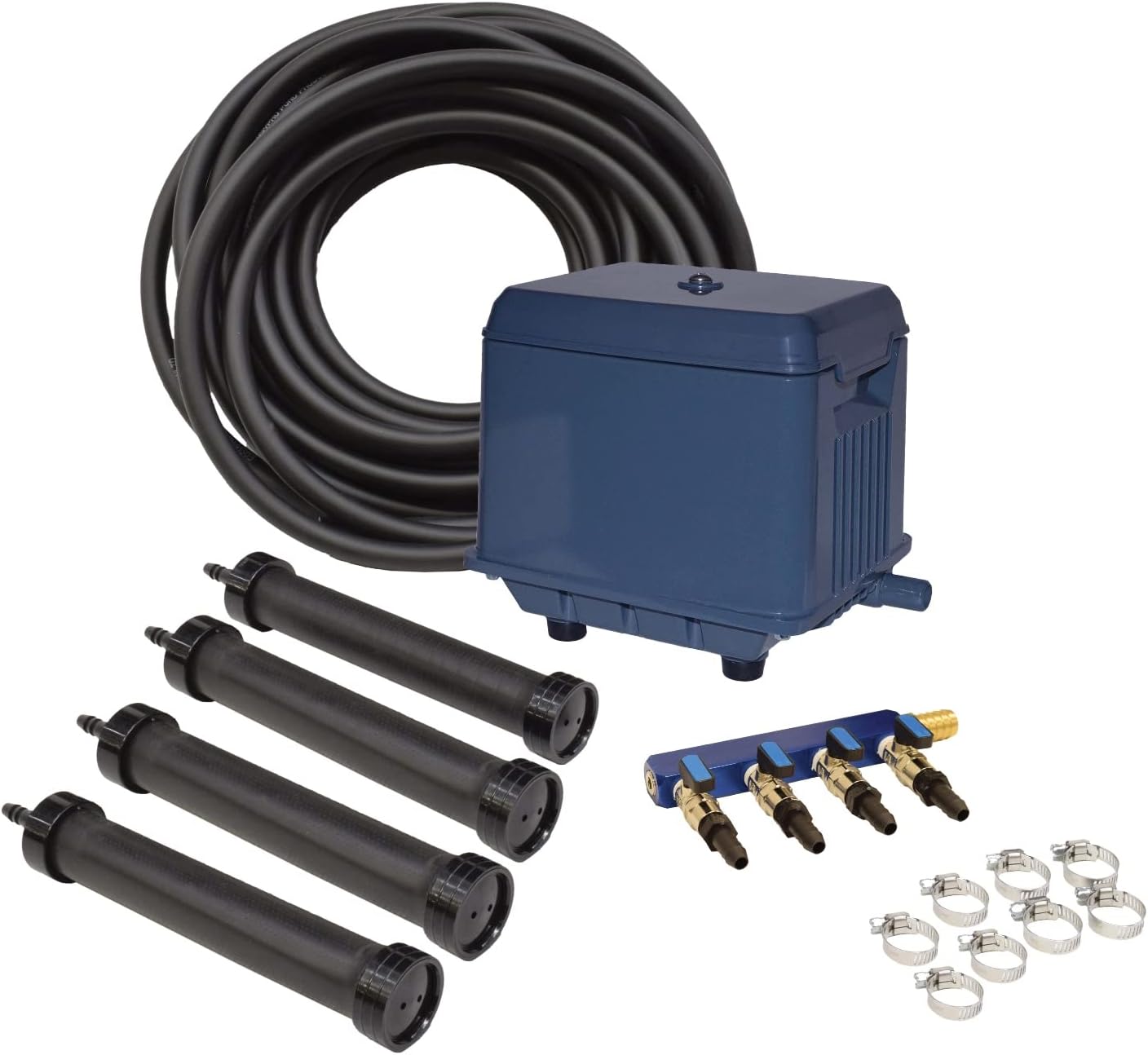 EasyPro LA4 KLC Koi Pond Aeration Kit | 4000-30000 Gallon Pond | Dual Linear Diaphragm Compressor | 100’ of ⅜” Quick Sink Tubing | Rubber Membrane Diffuser | 6’ Power Cord | Quiet & Energy Efficient