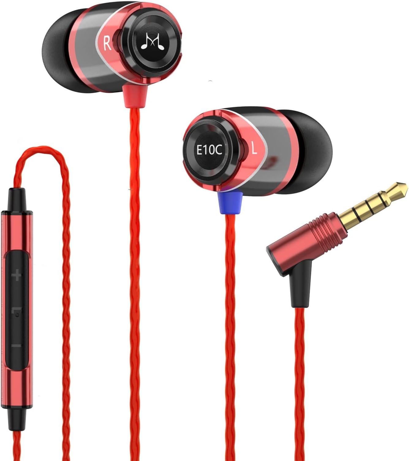 E10C Wired Earbuds with Microphone HiFi Stereo Earphones Noise Isolating in Ear Headphones Powerful Bass Tangle Free Cord Black Red