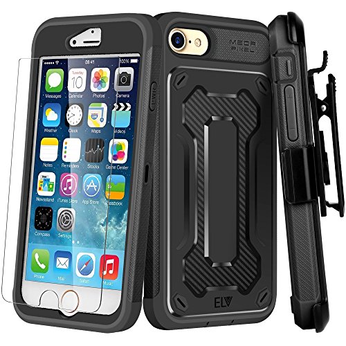 E LV Case for iPhone 8 7 - Belt Clip/Kickstand - Dual Layer Rugged Armor Holster Defender Full Body Protective Case Cover for Apple iPhone 7 / iPhone 8 [Black/Black]