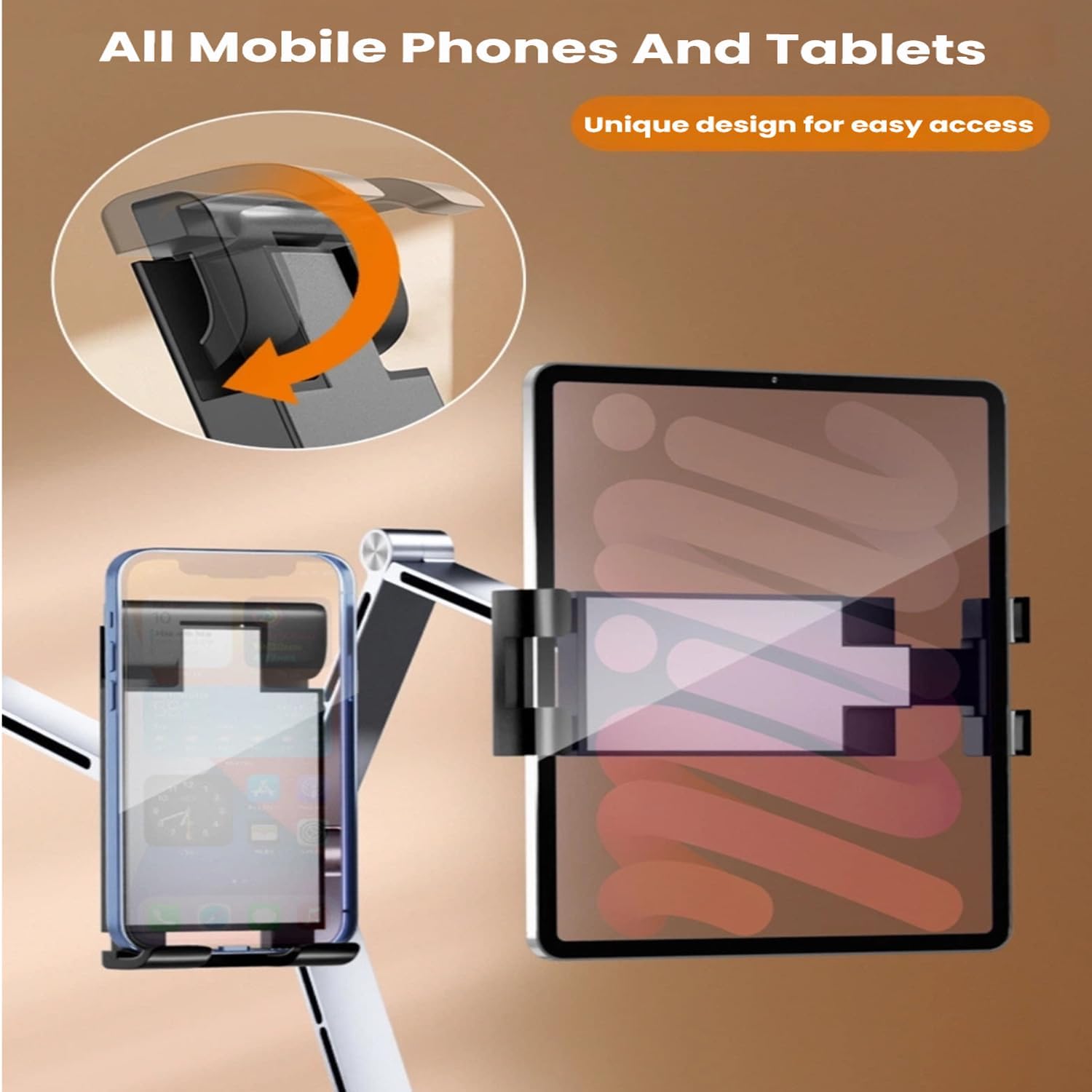 2-in-1 Tablet Stand for Desk, with Clamp & Magnetic Ring Head, Aluminum Foldable Holder Arm with 360°Rotatable Adjustable Base, Clamp Mount for 4"-12.9" Tablets, Phones Devices