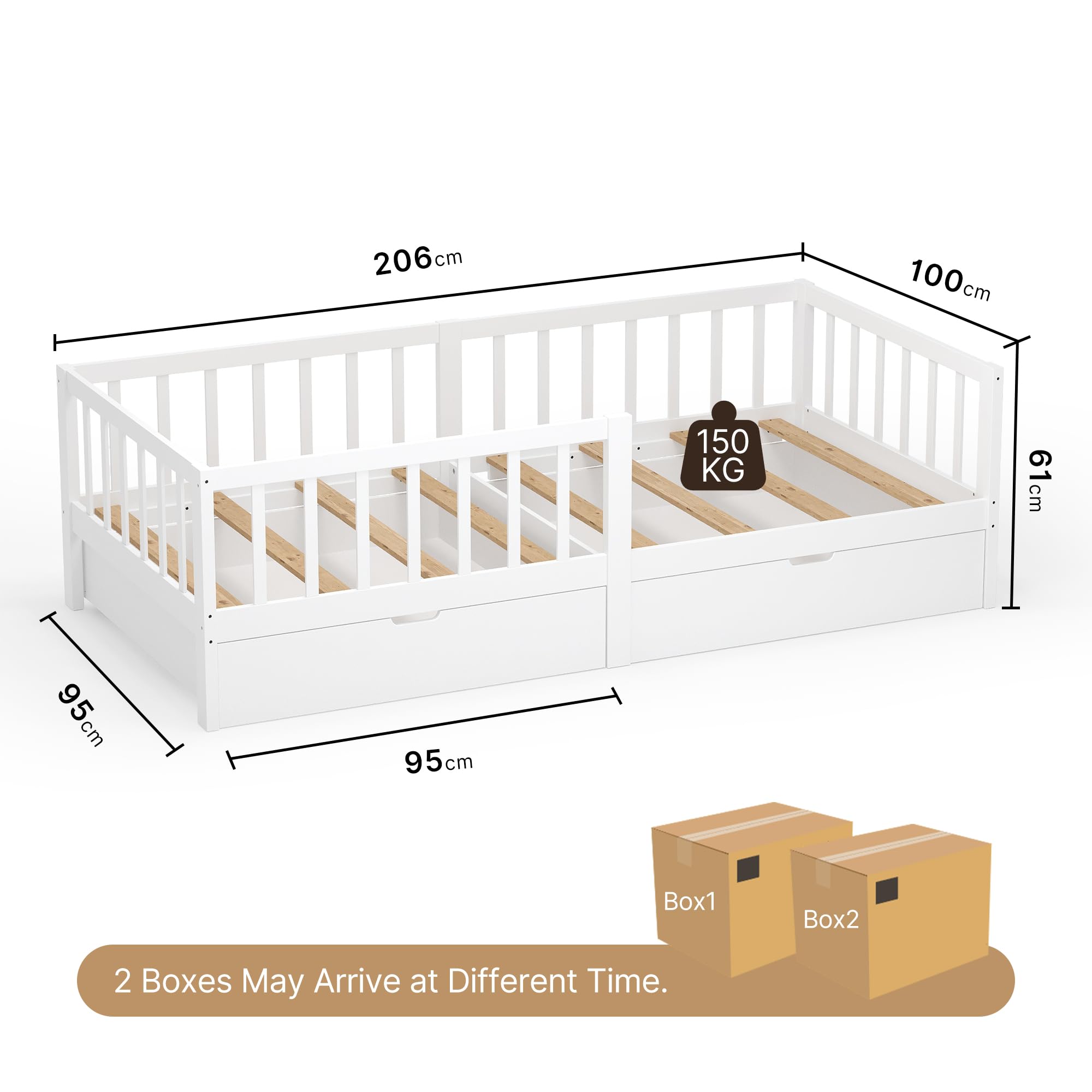 Xbro Letto per bambini 100×200 cm con cassetto, sponda anticaduta e rete a doghe, adatto anche per adolescenti, facile da montare, colore bianco