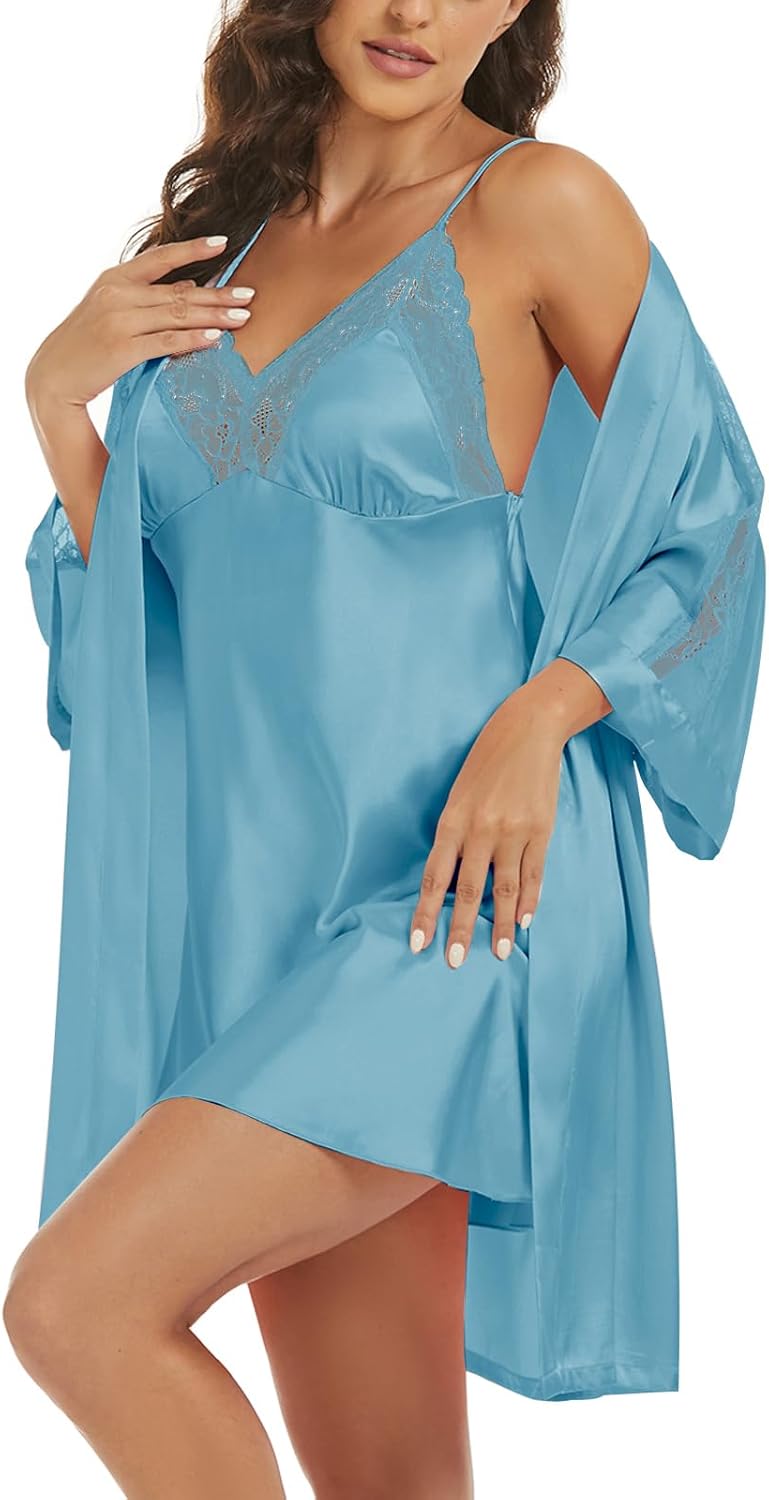 Women's Silk Pajama Sets Satin Robe with Nightgown 2 Piece Sleepwear Sexy Lace Cami Nightwear Kimono Bridesmaid Robes