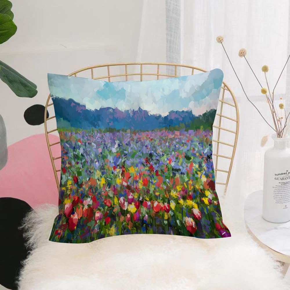 Hyosxw Oil Painting Colorful Spring Summer Rural La - A10 Cushion Cover,Throw Pillow Case Home Decorative For Living Room Bedroom Sofa Chair 18X18 Inch,Oil Painting Colorful Spring Summer Rural Landscape. Abstract Tulips Flowers Bl,Pillowcase 45X45cm