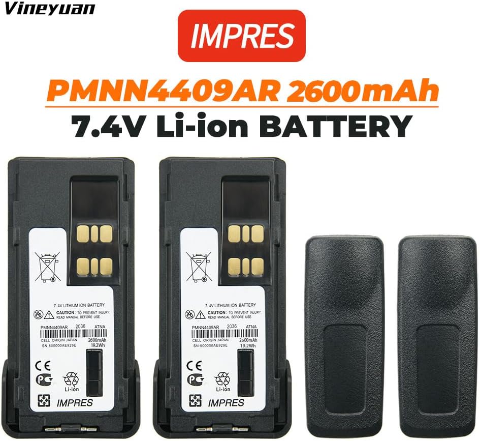 Vineyuan（7.4V 2600mAh High Capacity PMNN4409AR IMPRES Battery for XPR3300 XPR3500 XPR7350 XPR7380 XPR7550 XPR7580 GP328D DP4400 XiR P8608 APX 2000 Replacement Walkie Talkie Li-ion Battery，2 Pack