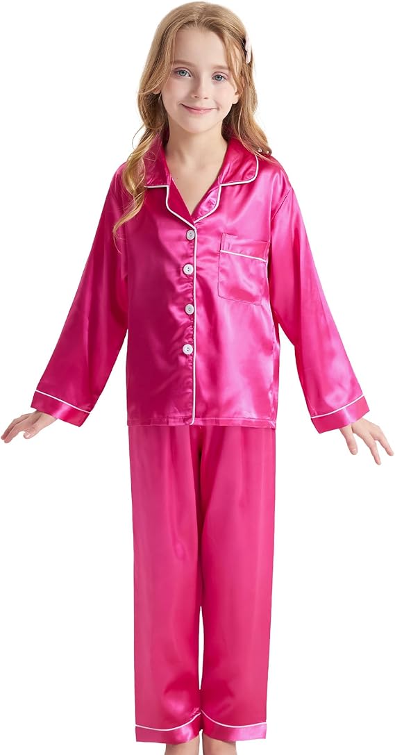 DIPUG Girls Silk Pajamas Set Satin Pjs for Kids Comfortable Nights Sleepwear
