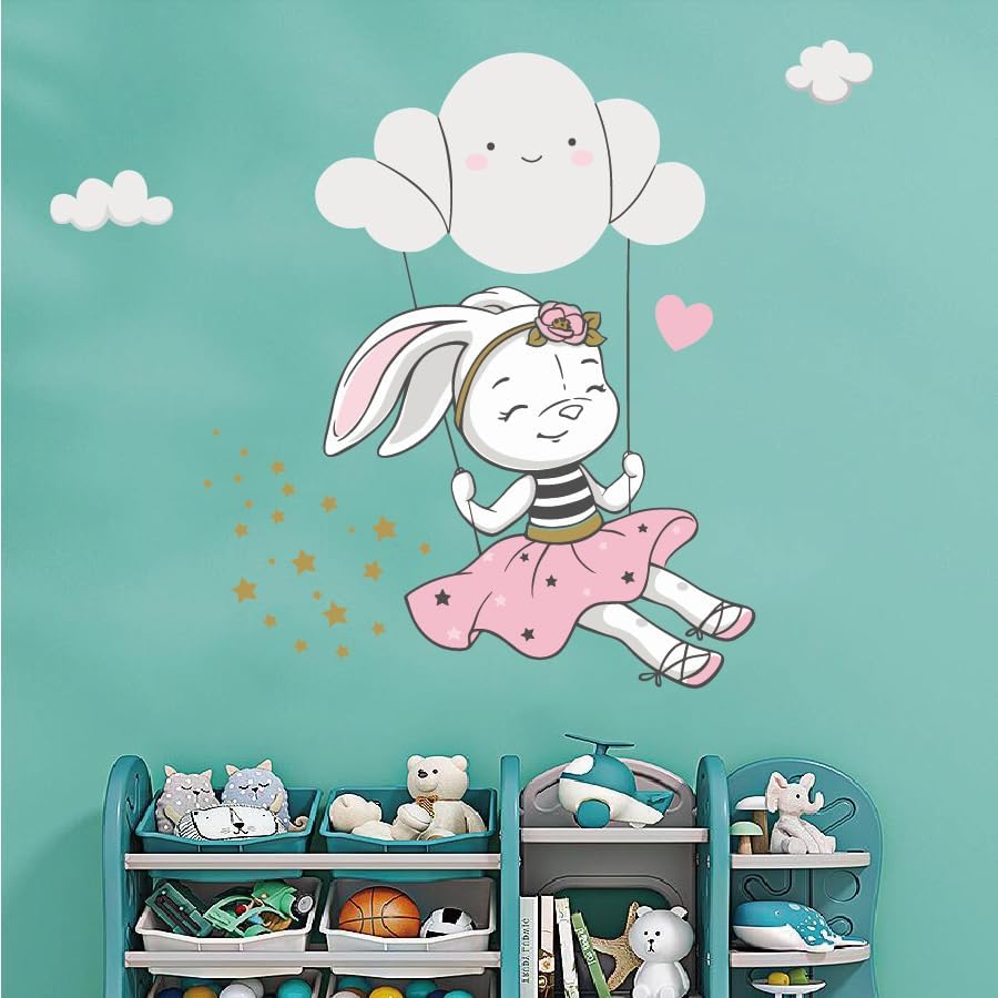 Cute Bunny Kids Wall Stickers Stars Clouds Wall Decals Nursery Baby Kids Room Décor