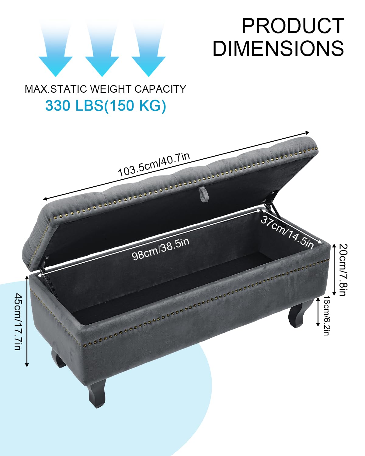 Sitzbank Sitztruhe mit Stauraum, Samt Aufbewahrungsbank, Bettbank, Truhenbank, Polsterbank Hockerbank für Wohnzimmer, Schlafzimmer, Flur, bis 300 kg Belastbar, 103.5 x 37 x 45cm, Grau