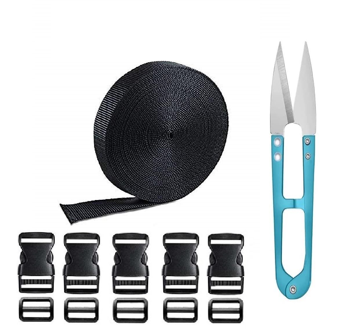 Nylon Webbing Strap 10meter roll with 5 Buckles, 5 Adjuster and 1 Thread Cutter for Luggage Fastening Strap, Pet Collar Making, Hiking and More (1 inch, Black)