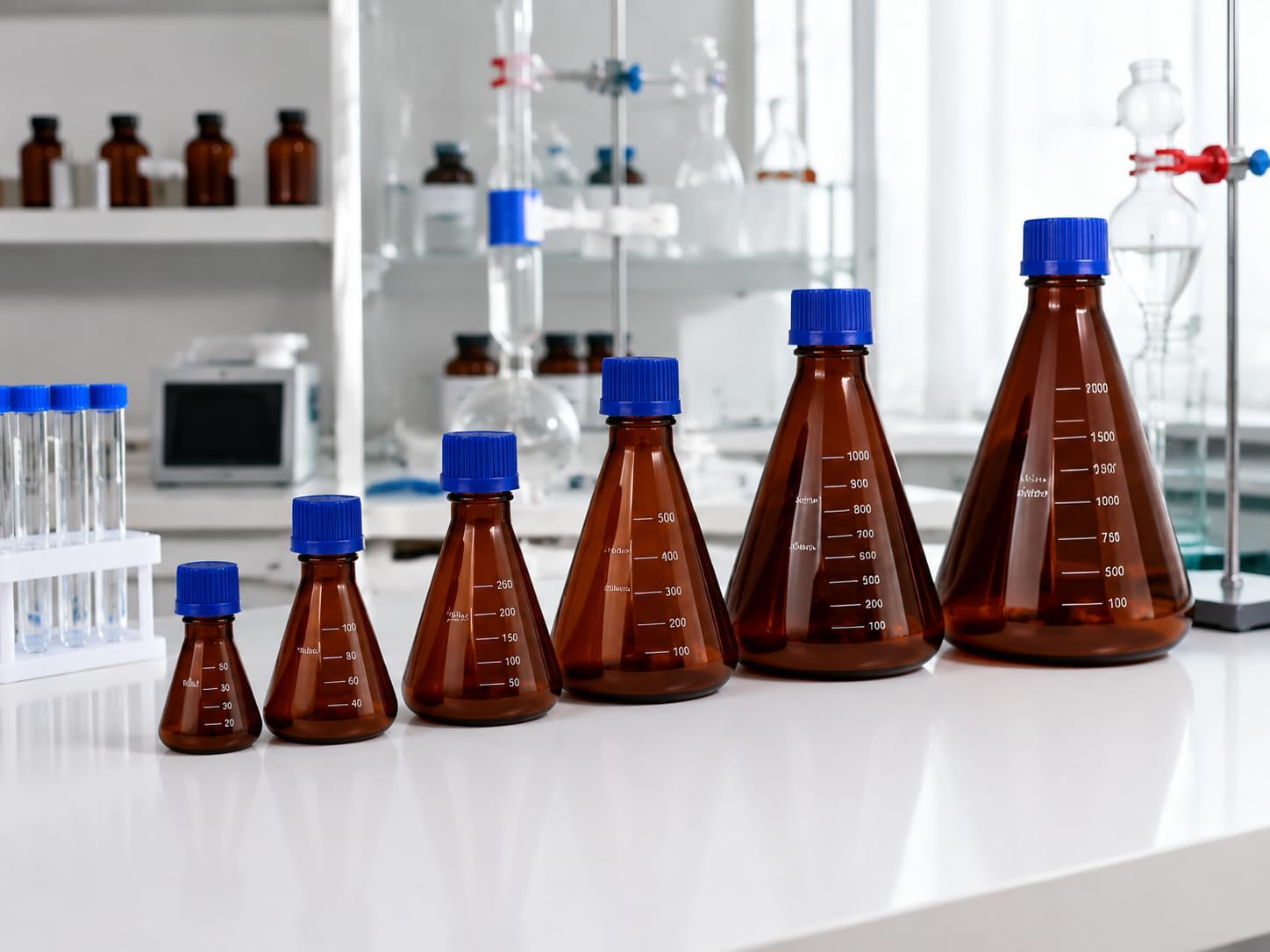 VIDOO Bursztynowa Kolba Erlenmeyera z Zakrętką GL, ze Szkła Borokrzemowego z Podziałką Laboratoryjna Kolba Stożkowa, GL45 2000ml