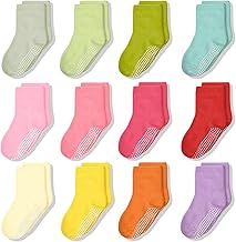 SkiBeaut Toddlers Girls Crew Socks Anti Skid Slip Gripper Kid Socks Mid Calf Socks with Grips for 1-10 Years Girl 12 Pairs
