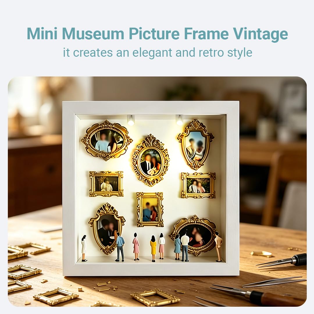 Diy Mini Museum Silhouette Box, RosyFate Shadow Box Frame con Mini Cornice e Figurine in Miniatura, Mini Museo Foto Idea Fai da Te Decorazioni Casa per Anniversario, Compleanno (Bianco)