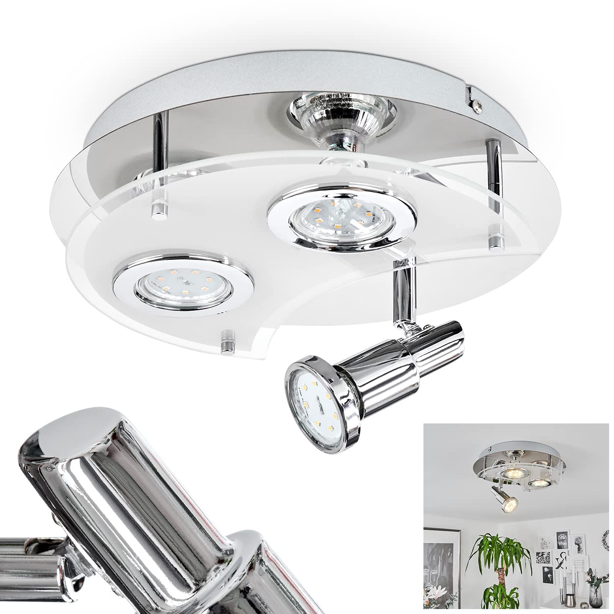 Ceiling lamp Morges Made of Metal/Glass in Chrome Colour/White Satin Finish, Adjustable 3-Flame Ceiling lamp, 3X GU10 3, IP44, Ideal for the Bathroom, Without Bulbs