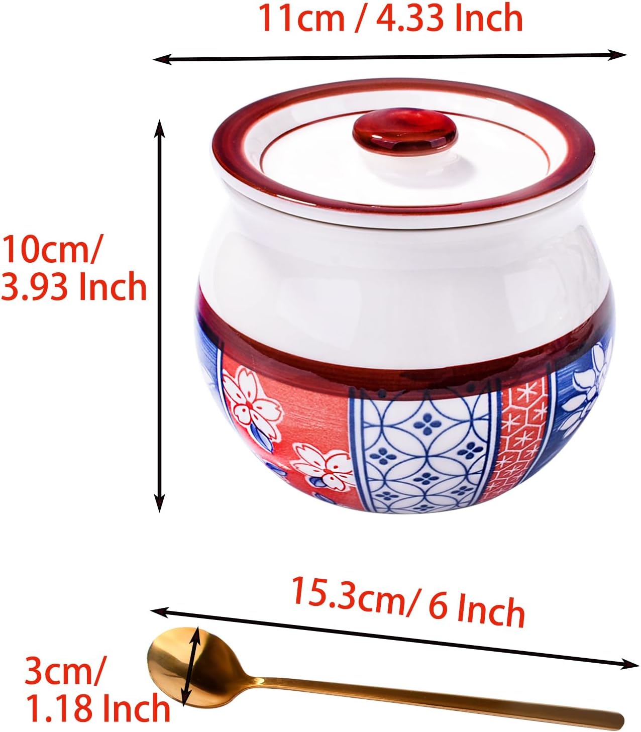 Porcelain Sugar Bowl with Lid and Spoon, 15.2oz Ceramic Salt Container