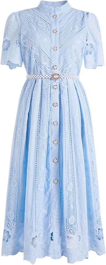 CHICWISH Women Floral Cutwork Embroidery Pearl Belted Midi Dress Elegant Mock Neck Short Sleeve A Line Vacation Long Dress