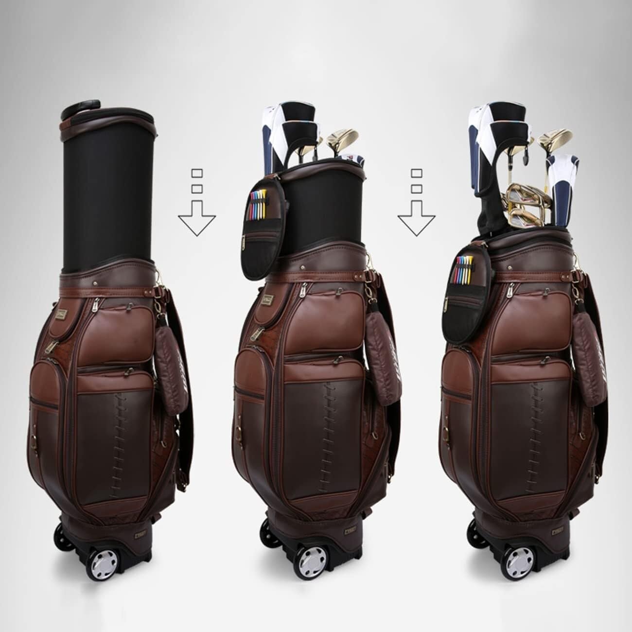 Professionelle Golftasche for den Außenbereich, hochwertige wasserdichte Golfwagentasche aus Leder mit 2 Rädern, multifunktionale Ballkappe, Golf-Standtasche, Reisetaschen for Golfschläger