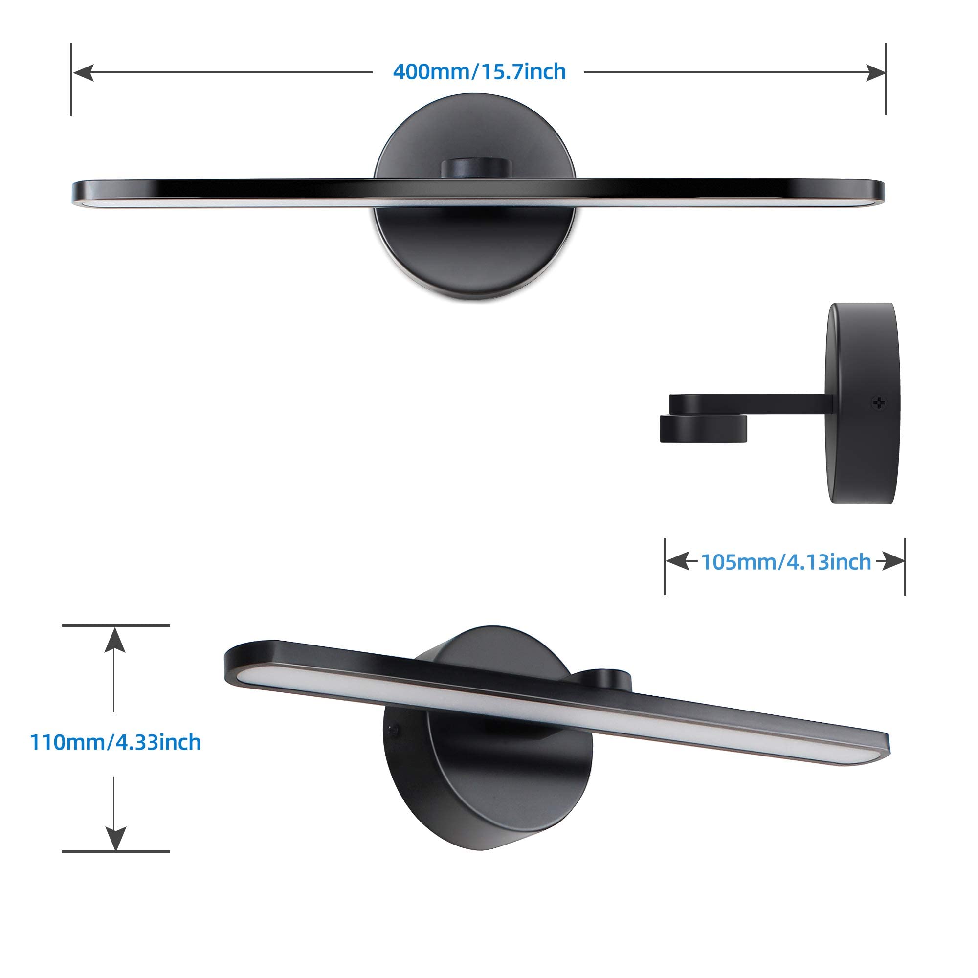 Lampada da Specchio per Bagno 40cm 12W LED Nero Luce a Parete Murales con 3000K Applique per Specchio e Armadio Illuminazione per Camera e Corridoio