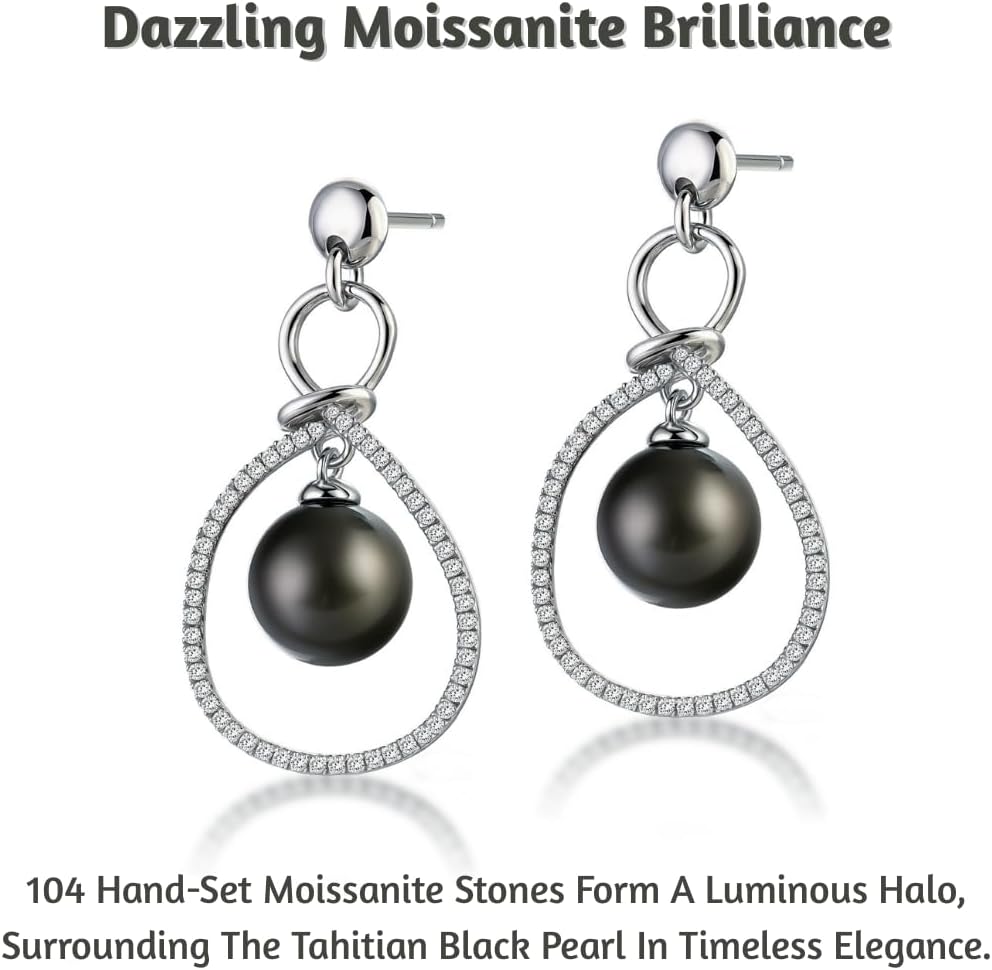 Lunar Belle Tahitian Black Pearl Drop Earrings with Moissanite Cascade Halo in Sterling Silver, Elegant Fine Jewelry Gifts for Women (Pearl Cascade)