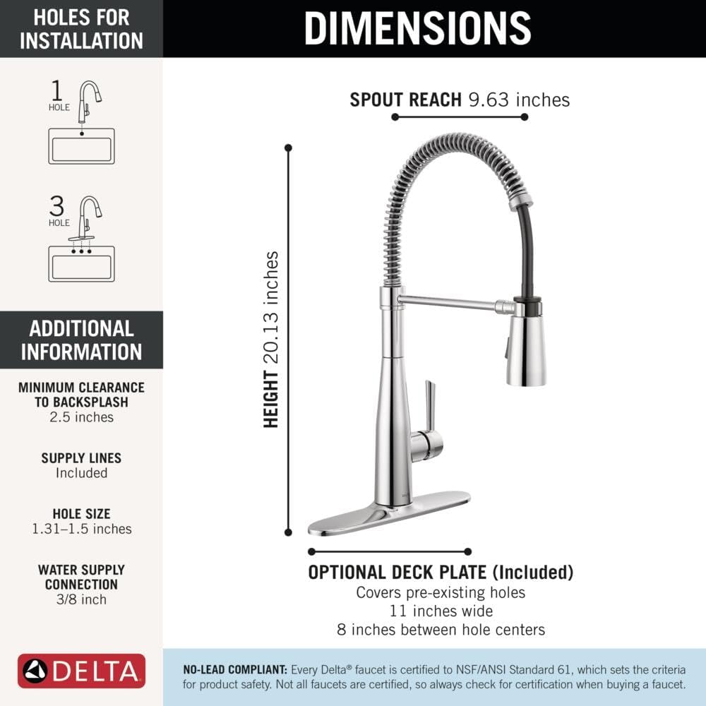 Delta Essa Pro Style Commercial Kitchen Faucet with Pull Down Sprayer, Chrome Single Hole Kitchen Sink Faucet, Single Handle, Chrome 9613-DST