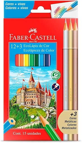 Lápis De Cor, Faber-Castell, Sextavado, 12 Cores + 3 Metálicos, Modelo:120112+3MET, Cor: Multicor