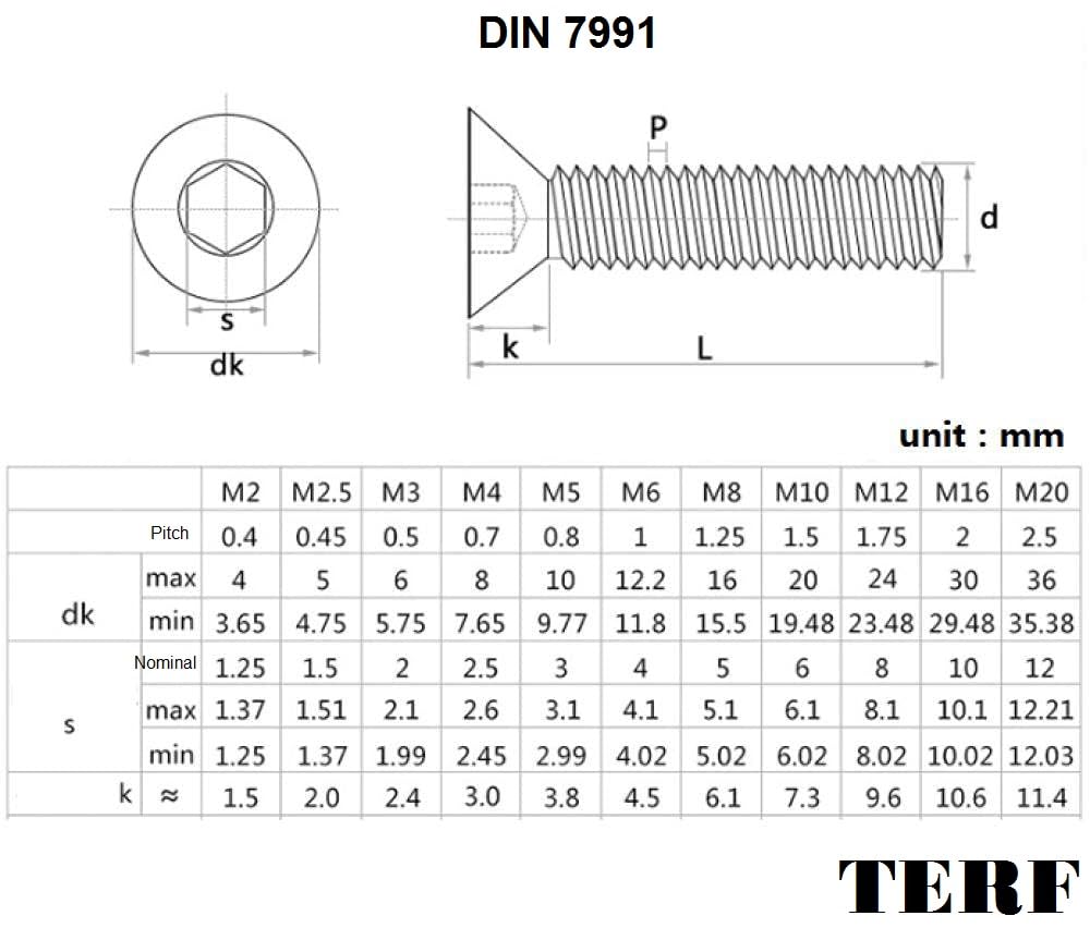 TERF® M10 X 45mm Hex Socket Countersunk Machine Screws Stainless Steel A2 (304) Machine Screw M10 (10mm) X 45mm Allen Key Hexagonal Socket Countersunk Bolts - Image 4