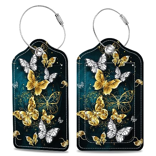 Set of 2 Luggage Tags Golden and White Butterfly Leather Suitcases Tag with Privacy Cover Stainless Steel Loop and Address Card for Women Men Travel