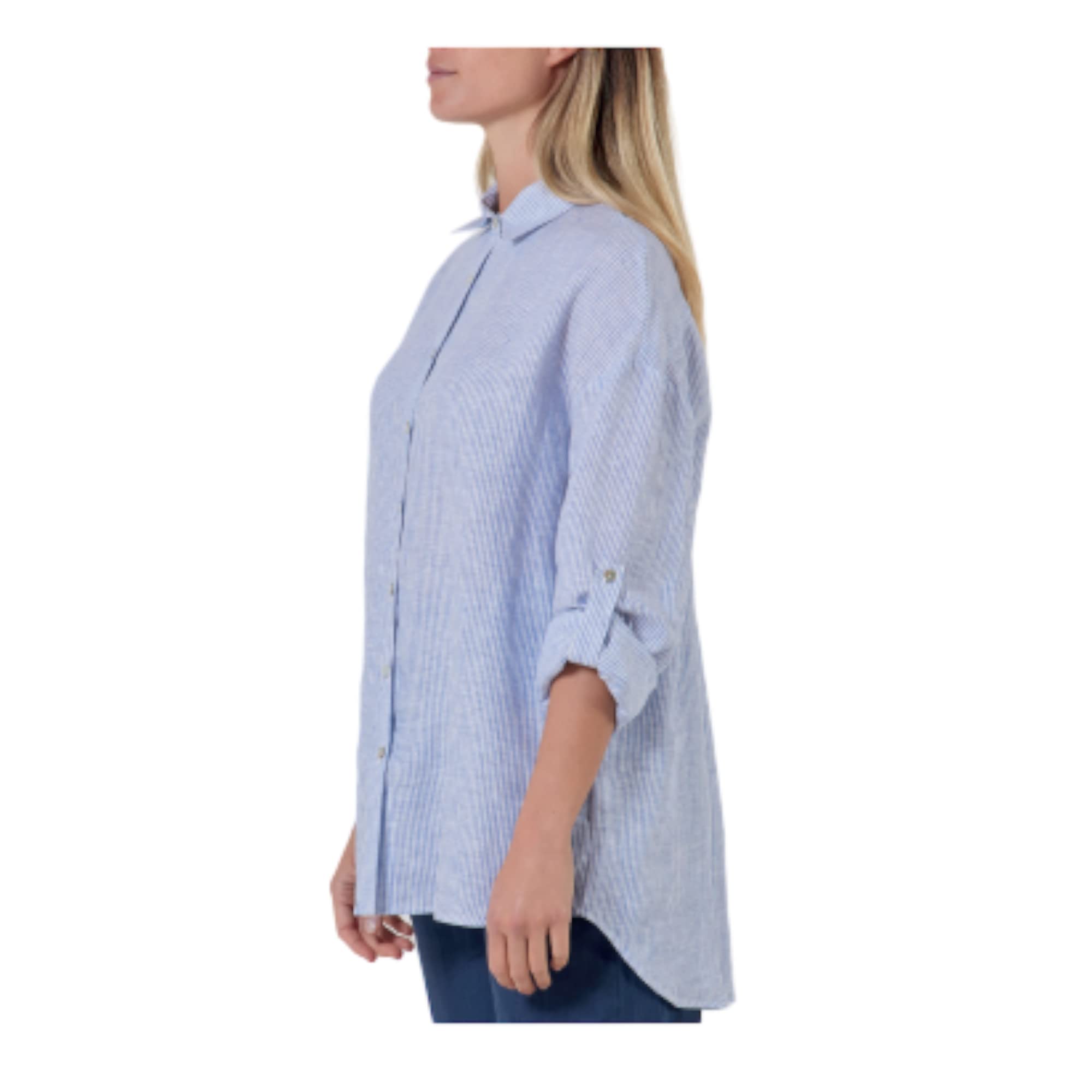 Camicia da Donna in Puro Lino, Elegante Bottoni Davanti, Collo Classico, dalla S alla XXL, in Cinque Fantasie o Tinta Unita, Bianca, Beige, Rosa, Blu, A Righe