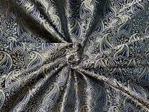 Tissu brocart de soie bleu marine de 111cm pour haute couture