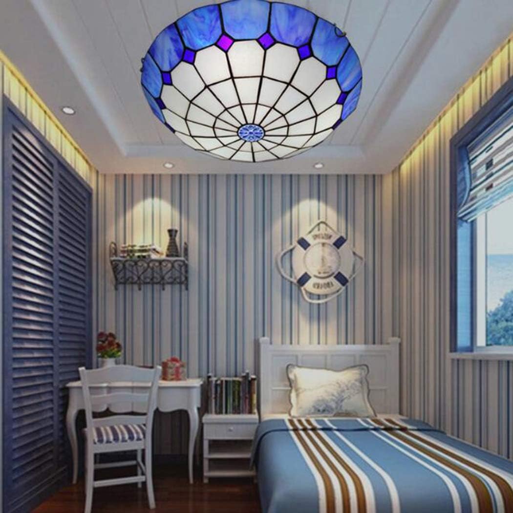 GDLight Tiffany Style Mediterranean Ceiling Lamp Flush Mount 16 Inch Stained Glass Ceiling Lights Vintage for Decor Game Living Dining Room Kitchen Study Room Gift,Blue