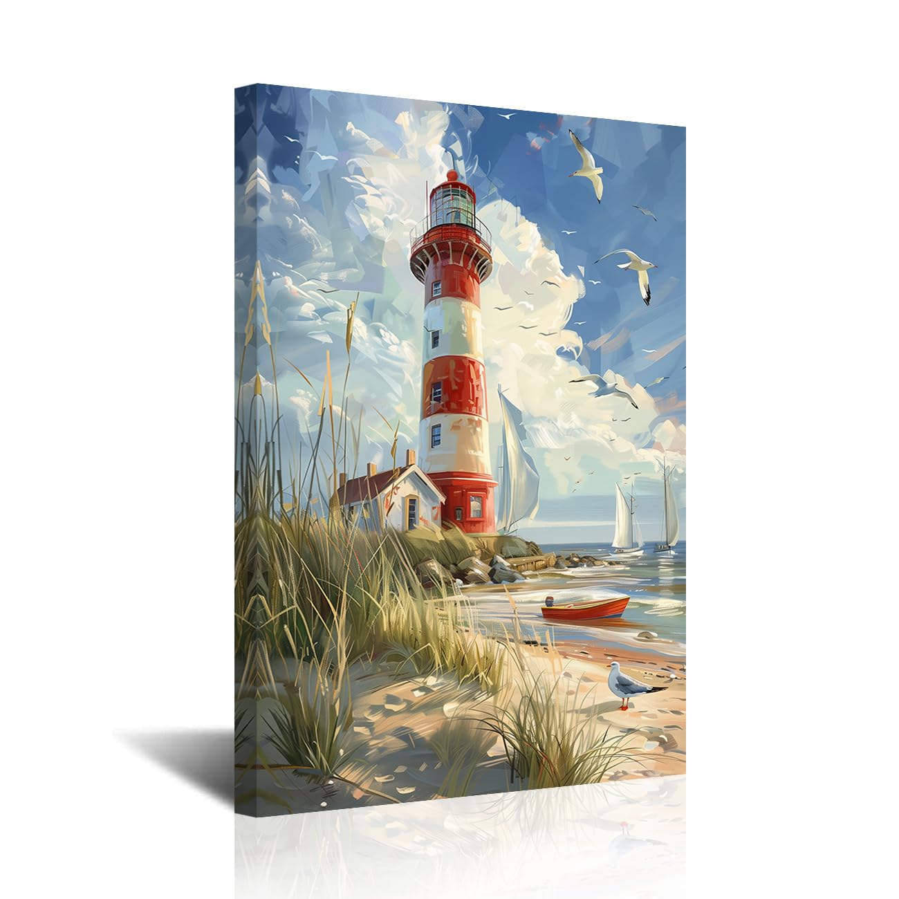 CXHOSTENT Lighthouse Pictures Wall Art Coastal Bathroom Decor Ocean Seascape Canvas Prints Beach Paintings Nautical Scenery Artwork Home Decor Framed (Red, 24L x 16W)