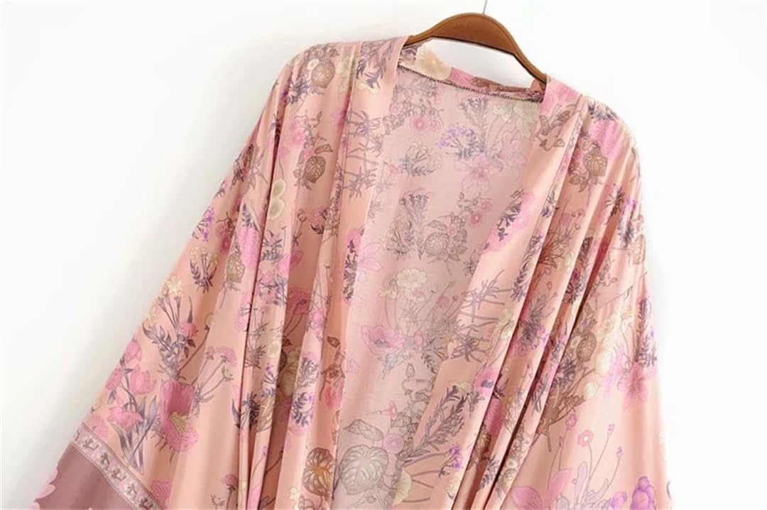 Disimlarl Kimono con estampado floral para mujer, vestido bohemio para playa, cuello en V, bandas, bata de bikini