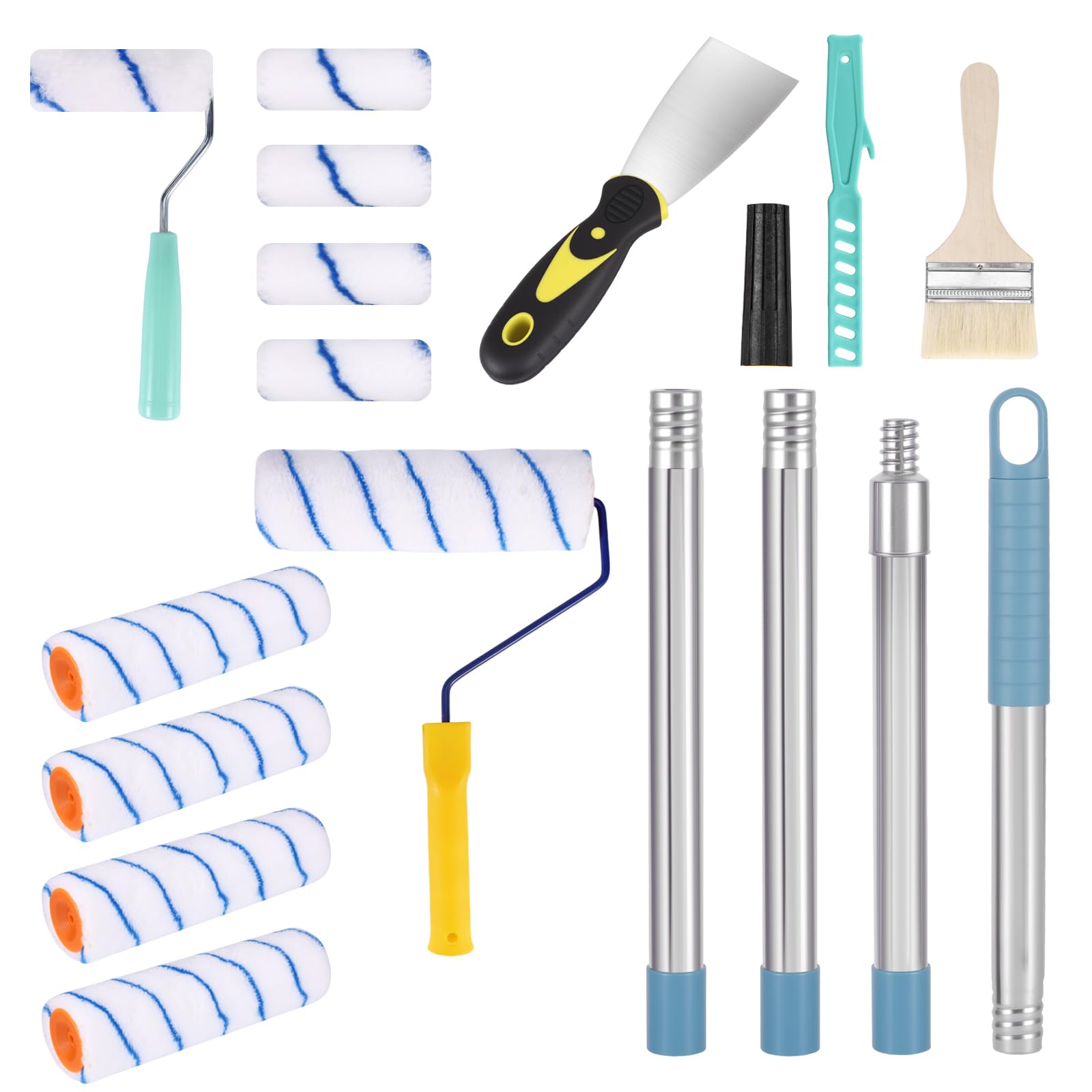 20PCS Paint Roller Set with 1.2M Extension Pole, Painting Roller Brush Set with 5pcs 9 Inch Paint Rollers and 5pcs 4 Inch Paint Rollers, Mural Brush Paint Stirrer Paint Roller Holder for Wall Ceiling