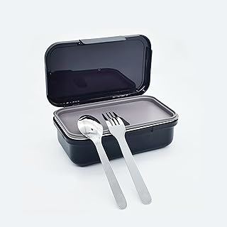 Stainless Steel Small Bento Box for Adults - Leakproof Microwave Safe Lunch Box for Work, Meal Prep and On the Go with Utensils & Canvas Bag (Black), Compact-Sized for Moderate Appetites