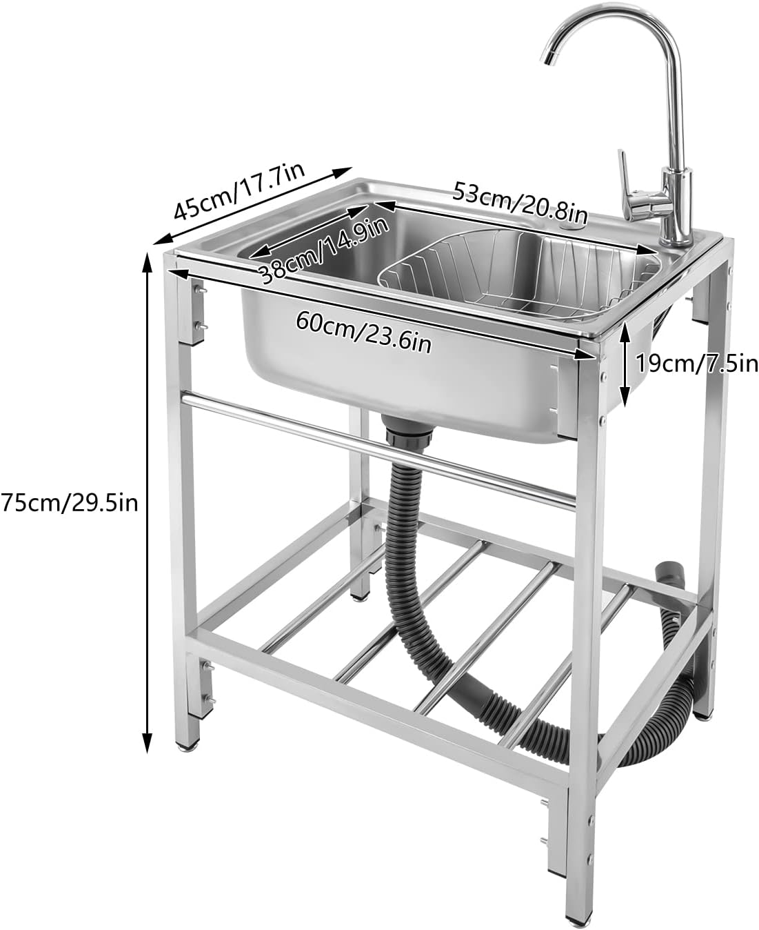 Stainless Steel Utility Sink, Single Bowl Free Standing Kitchen Sink with Faucet,Topmount Kitchen Sink for Farmhouse, Bathroom, Bar, Laundry Room (23.6 X 17.7 X 29.5 inch)