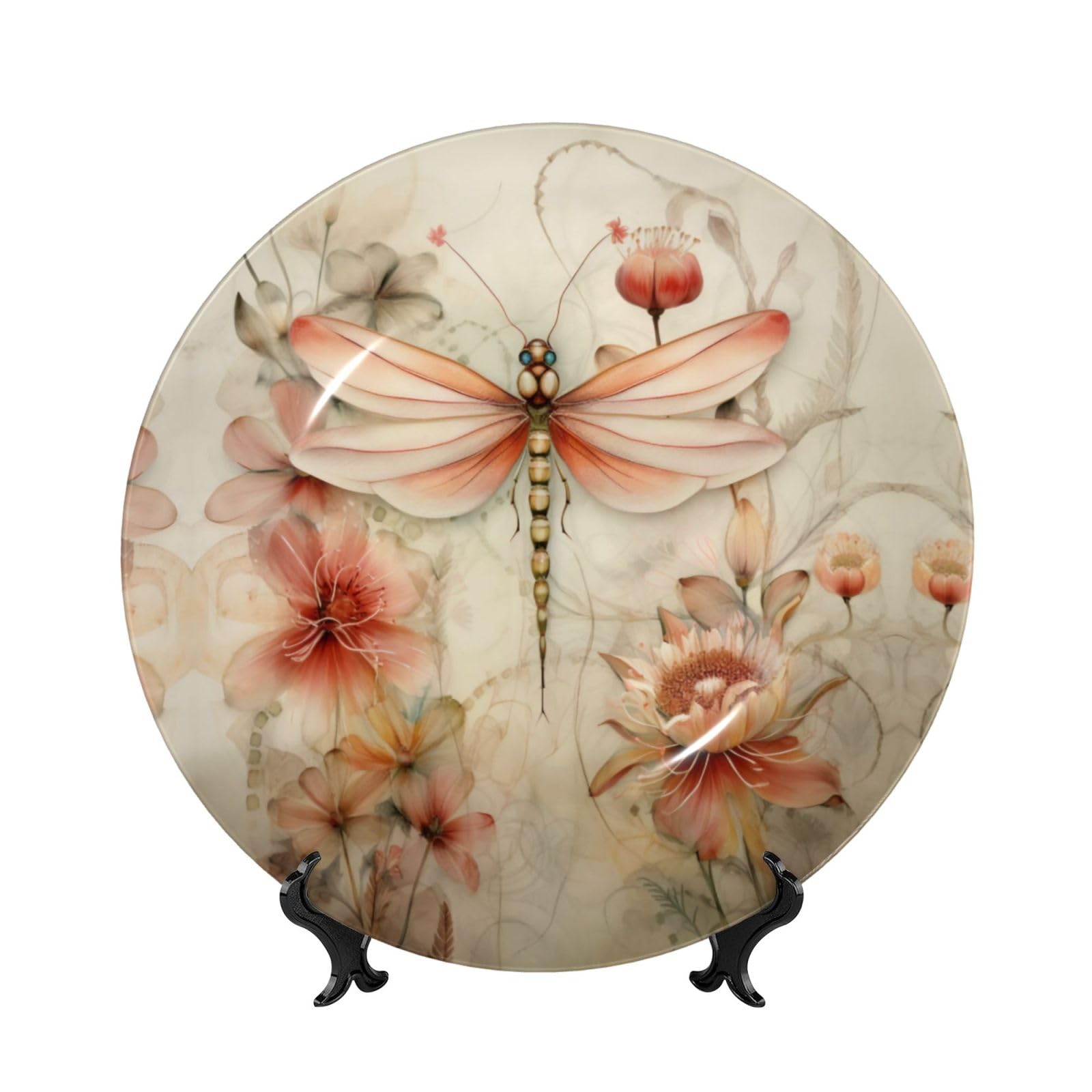 SXZVVBN Blue-eyed Dragonfly Bone China Decorative Plate Art with Stand Removable Adhesive Hanging for Home Office 6in（15cm）