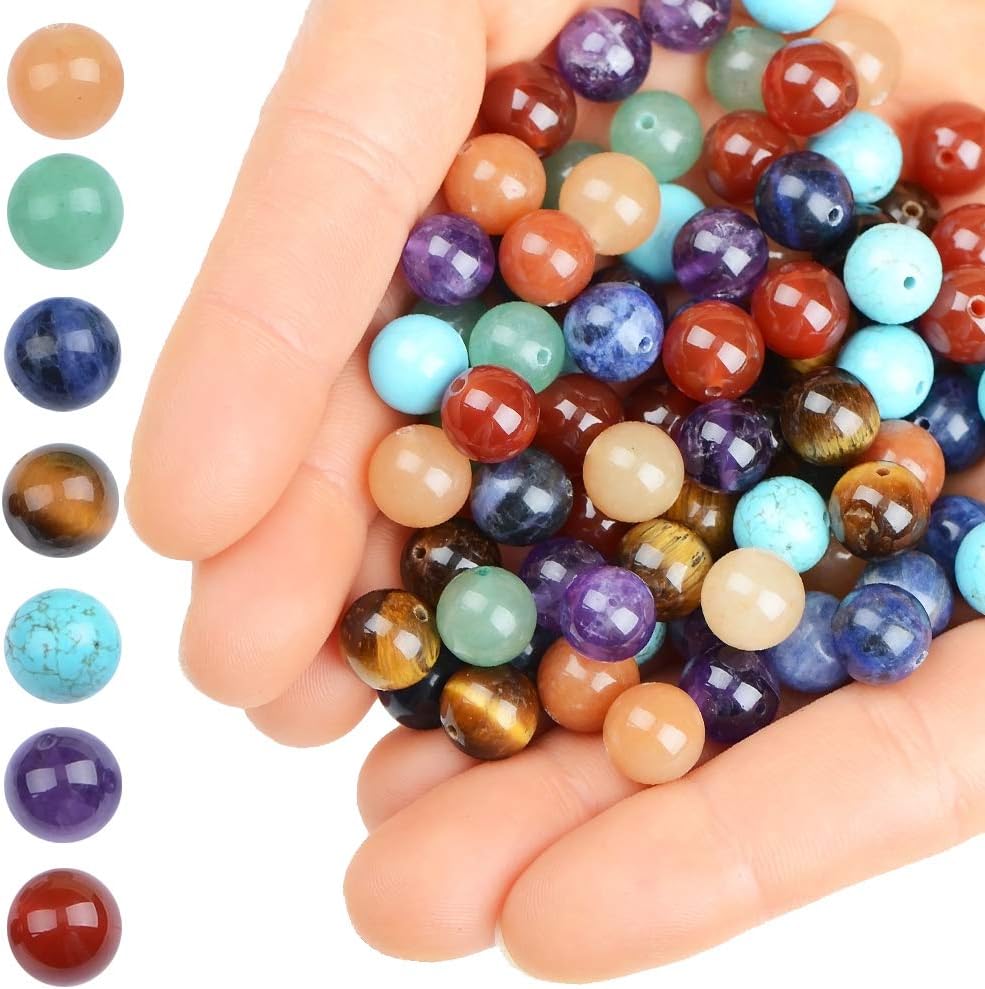 80Pcs Natural Crystal Beads Stone Gemstone Round Loose Energy Healing Beads with Free Crystal Stretch Cord for Jewelry Making (7-Chakra Beads, 10MM) Seven Chakra Beads 10MM