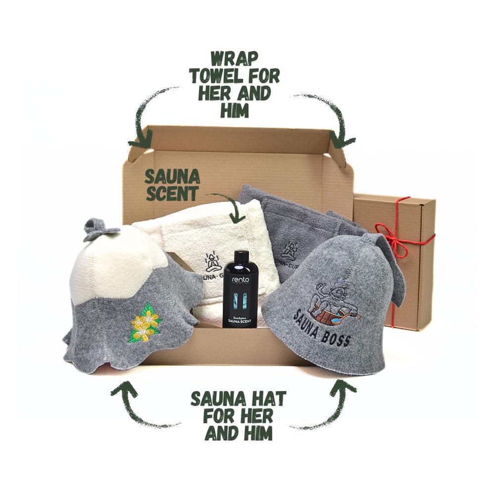 Set regalo sauna per coppie – 2 asciugamani sauna kilt in 100% cotone, 2 cappelli da sauna ricamati e infuso sauna eucalipto – set di accessori per sauna naturale per benessere, relax e ges