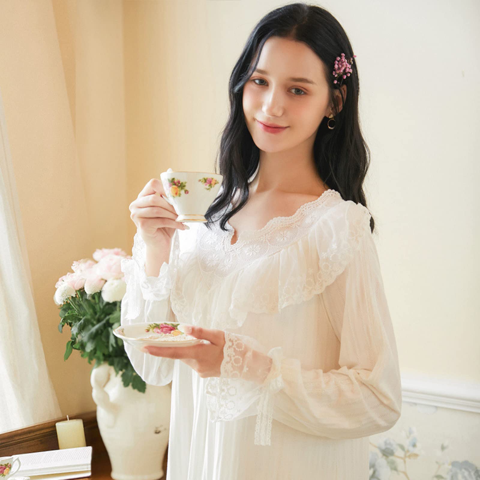 OFFSUM Camicia da Notte Donna - Primavera Elegante Camicia da Notte con Scollo A V Retro Dolce Principessa Camicia da Notte Casual Plus Size Pizzo Pigiameria in Cotone Lingerie Vestito