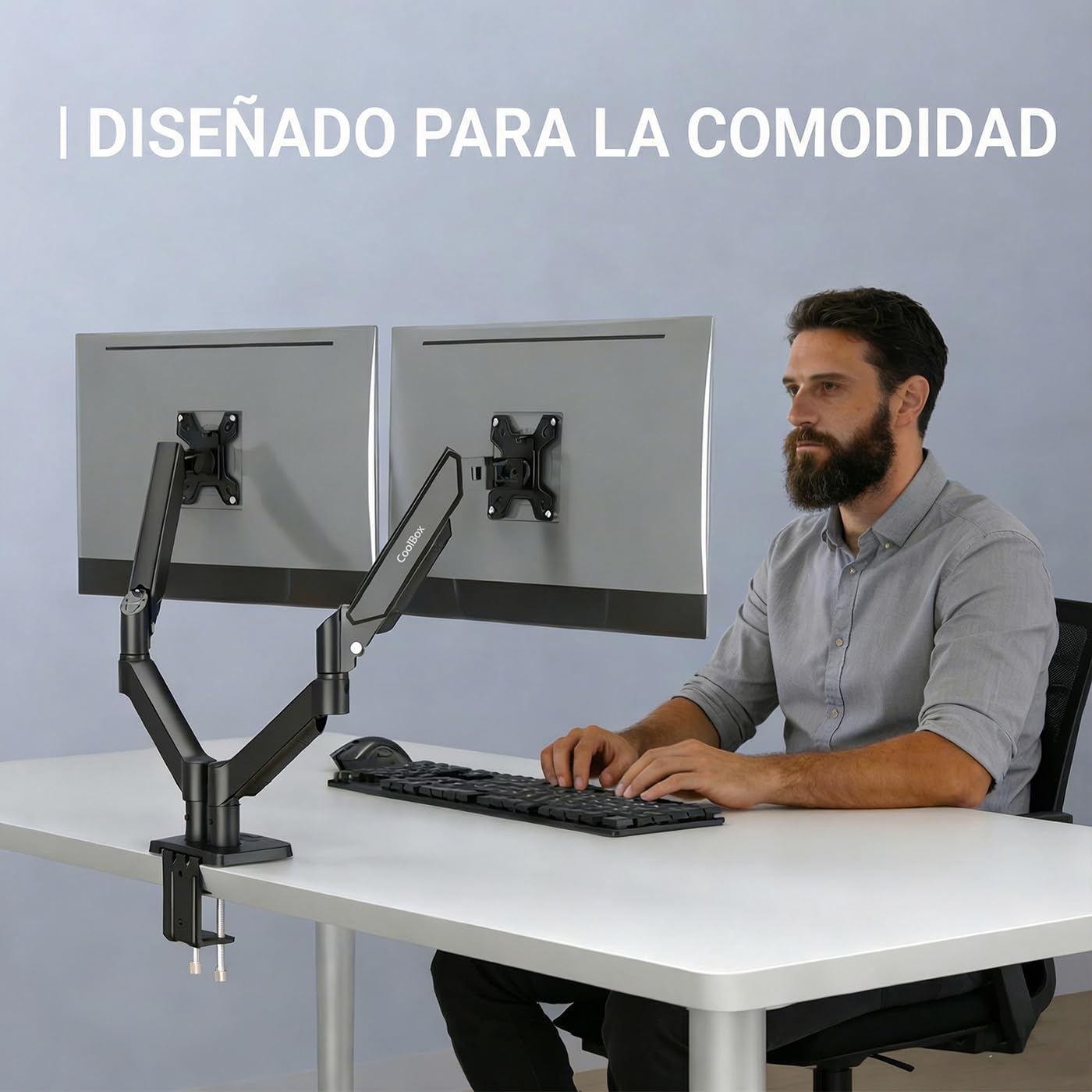 CoolBox M02D - Brazo Monitor Doble para Pantallas hasta 32", hasta 8Kg en Cada Brazo, Altura, Inclinación y Giro Ajustables, Rotación Monitor Vertical, VESA 75x75/100x100, Negro