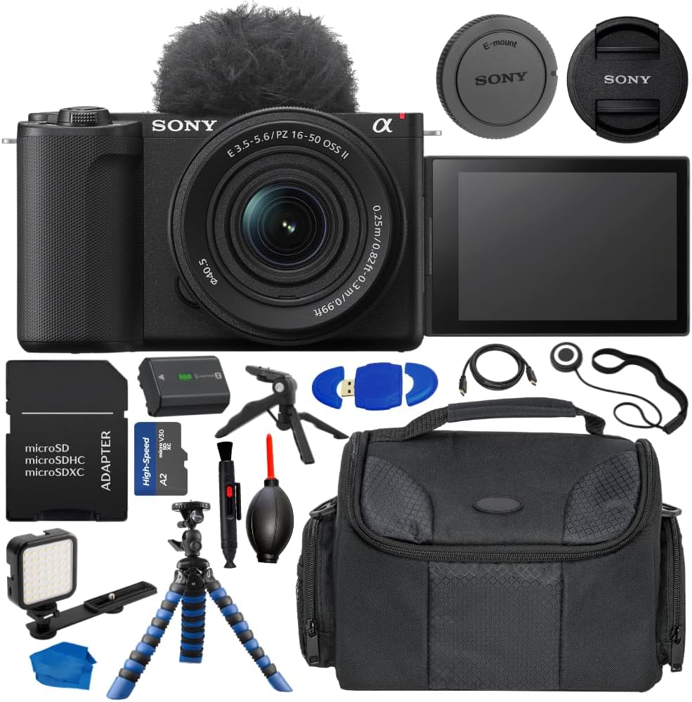 Cámara sin espejo Sony ZV-E10 con lente II de 16-50 mm (negra) Paquete con tarjeta de memoria de 128 GB, luz de video LED, trípode, bolsa para dispositivos, kit de limpieza, lector de tarjetas y muchos más (renovado)