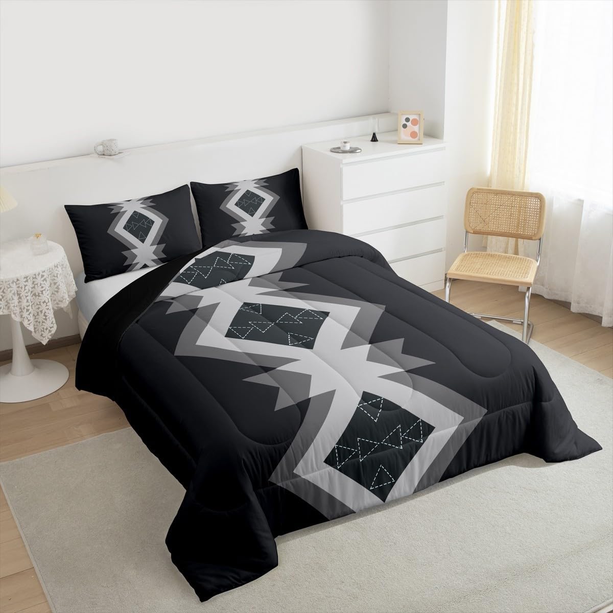 Feelyou Black Gray Aztec Bedding Set Soft for Boys Girls, Western Decor Comforter Set Queen Size Boho Style Duvet Quilt Microfiber Bohemian Bedroom Decor 3 Pcs with 2 Pillow Cases